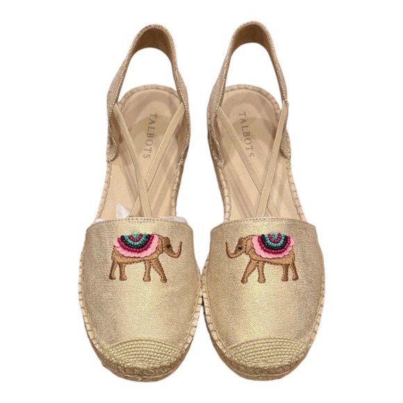 Talbots Gold Embroidered Elephant Espadrille 10 Beaded Slingback Flats - Picture 8 of 9